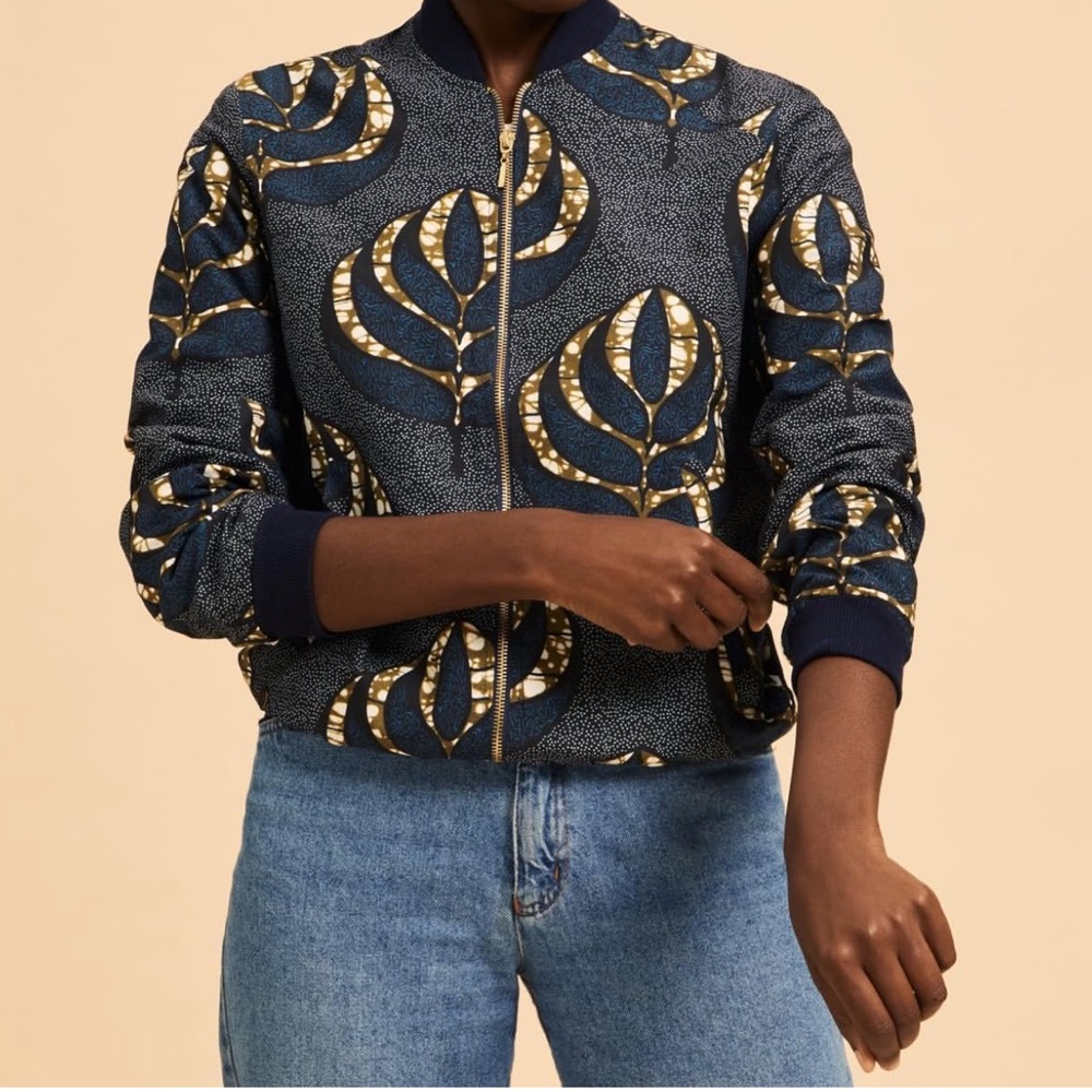 Stylish Navy and Gold Women's Bomber Jacket. Millie Collins luxury African brand